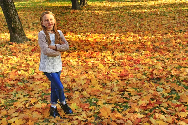 Jong Meisje Permanent Zorgvuldig Herfst Park Met Gevallen Geel Verlaat — Stockfoto