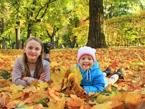 愛らしい小さなは 秋の公園で遊ぶ子供たち 明るい黄色とオレンジ色の葉を置く若い姉妹 幸せな少女と彼女の妹の秋の公園で芝生を敷設します 公園の子どもたち — ストック写真
