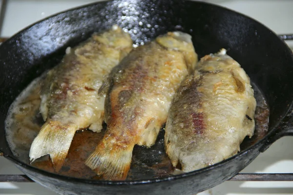 Tre Crogioli Fritti Padella Cucinare Pesce Fritto Piatto Crogioli Fritti — Foto Stock