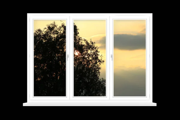 Weißes Fenster Mit Sonnenuntergang Auf Schwarzem Hintergrund Blick Aus Dem — Stockfoto