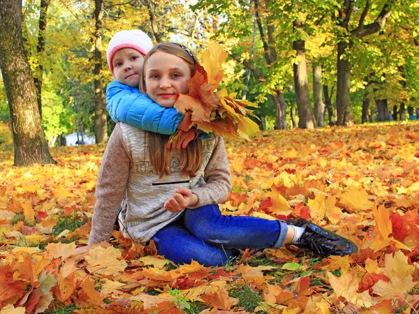 Irmãs Bonitas Jovens Sentam Abraçam Folhas Amarelas Parque Outono Pequenas Imagens Royalty-Free