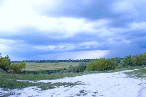 Landschaft Mit Gewitterwolken Über Feld Und Wald Dunkler Bewölkter Himmel — Stockfoto