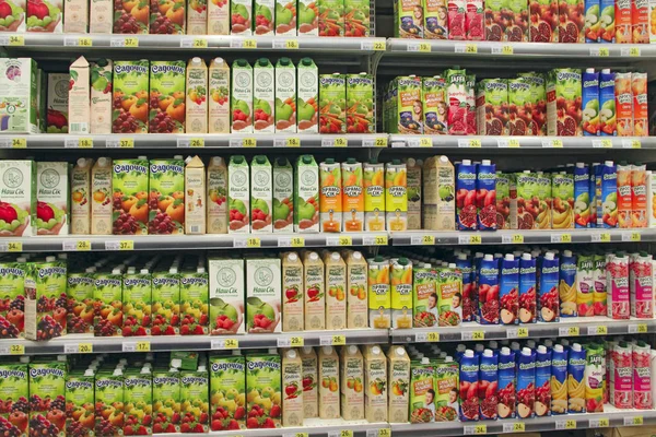 Kyiv Ukraine September 2018 Wide Range Juices Supermarket Shelves Natural — Stock Photo, Image