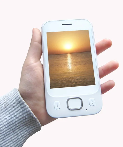 Smartphone Moderne Avec Image Coucher Soleil Dessus Océan Écran Main — Photo