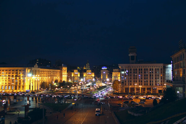 Kyiv / Ukraine. 28 September 2018: Panorama of Independence Square in Kyiv at night. Lights of night city. Panorama of central part of Kyiv illuminated by lights at nighttime. Kyiv at night. Urban night light