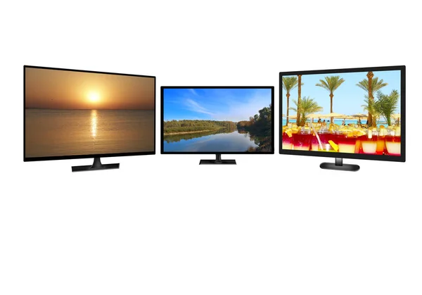 Television monitors isolated on white background. Three TV screens showing images of nature. 4k monitor isolated on white. Flat high definition TV with images. Full HD TV. Modern TV set