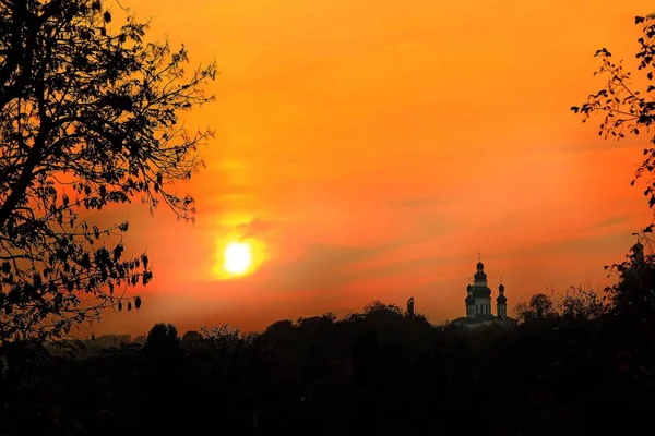 Atardecer Naranja Con Hermoso Paisaje Nocturno Panorama Con Siluetas Rama — Foto de Stock