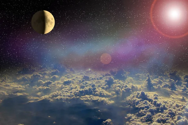 Moon glowing in open space above clouds of Earth. Cosmic landscape. Beautiful space landscape with nebula moon and clouds. Sunny rays illuminate among rays above white clouds