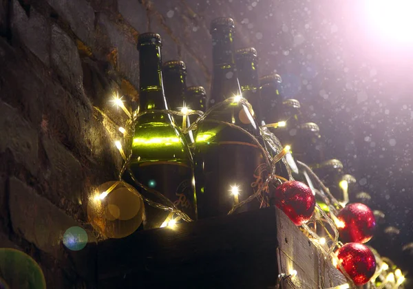 Botellas Champán Preparadas Para Año Nuevo Suministro Champán Bolas Navidad — Foto de Stock