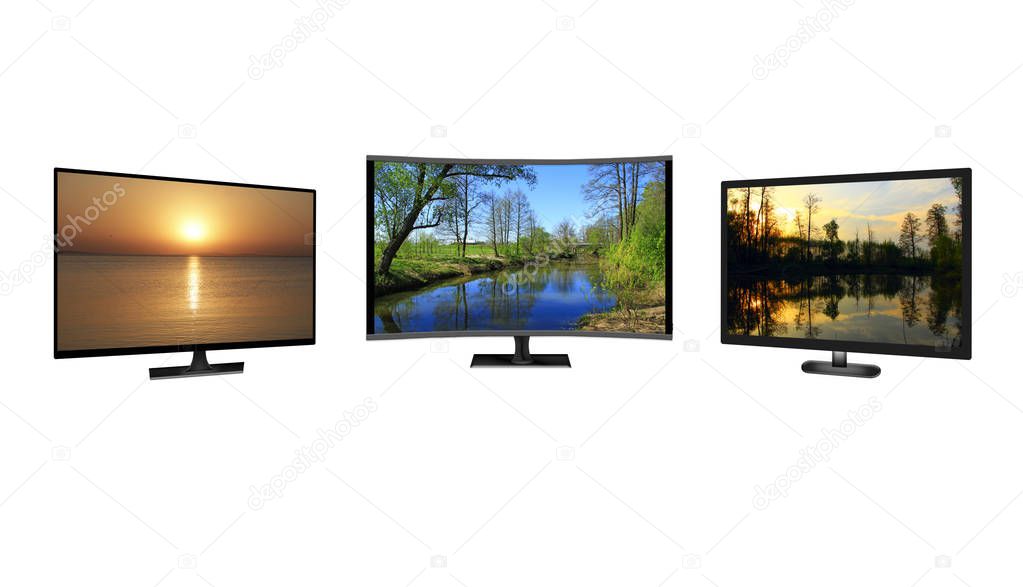 Television monitors isolated on white background. Full HD TV. LCD Television. TV monitors showing images of nature. 4k monitor isolated on white. Flat high definition TV with images. Modern TV set