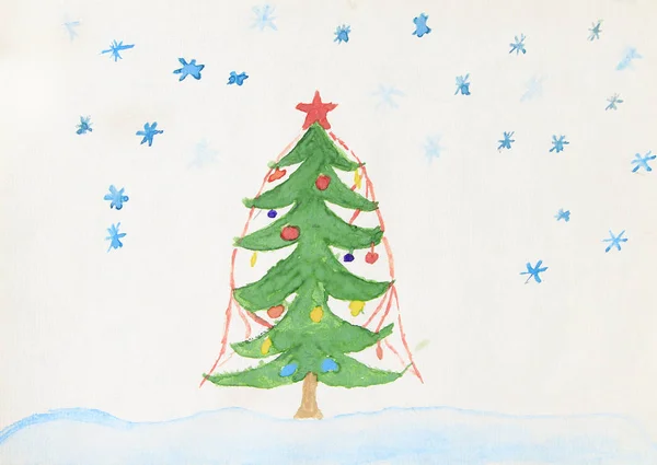 Children Drawing Decorated Christmas Tree Standing Snow Snowflakes Fall New — Stock Photo, Image