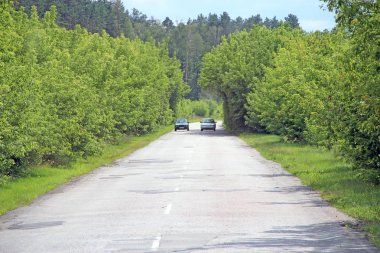 Otoyol kadar uzakta. Yüksek hızlı yol. Araba sollama üzerinde gidiyor. Şerit ve çalılar tarafta bölme ile asfalt yol. Seyahat hedef yolculuk. Seyahat kavramı