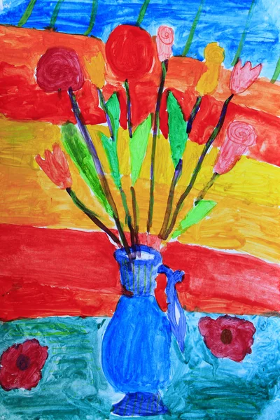 Farbige Kinderzeichnung Mit Einem Strauß Roter Blumen Der Vase Kunstwerk — Stockfoto