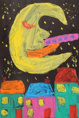 Şehir evleri üzerinde karanlık gökyüzü ayda çocuk çizimi