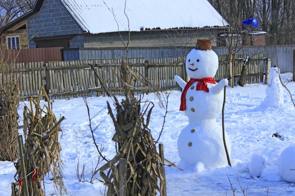 Schneemann freudig. Weihnachten Schneemann im Garten gemacht — Stockfoto