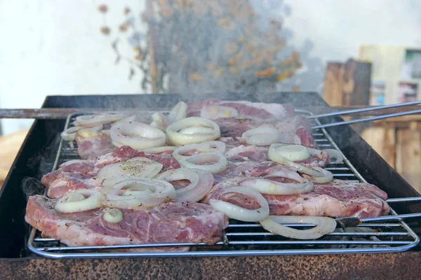 Kød med løg tilberedes på grillen. Madlavning kød under picnic - Stock-foto