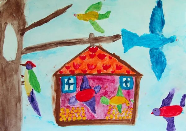 Bird's bird feeder on tree. Children's drawing birds eat food from trough on tree — Stock Photo, Image