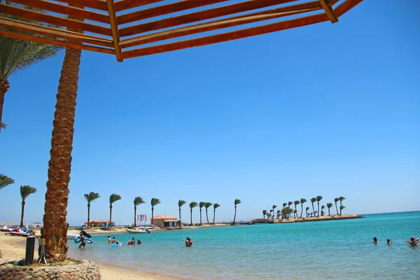 Tropical resort with palm trees sand and sandy beach. Райский отдых на берегу Красного моря — стоковое фото