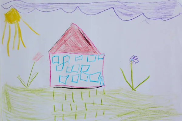 Kindliche Zeichnung von Hausblumen und Schmetterlingen — Stockfoto