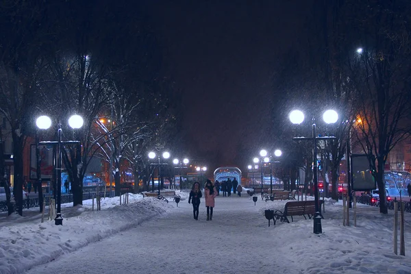 Οι άνθρωποι περπατούν γύρω από την πόλη κατά τη διάρκεια χιονόπτωση. Χιονισμένο χειμώνα — Φωτογραφία Αρχείου