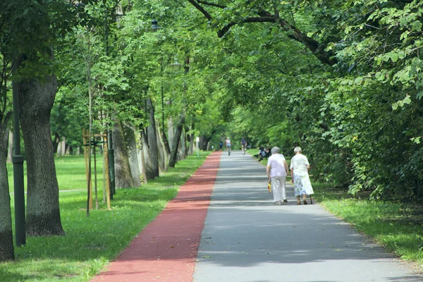 Dvě staré ženy se procházejí v parku s běžeckým pásem — Stock fotografie