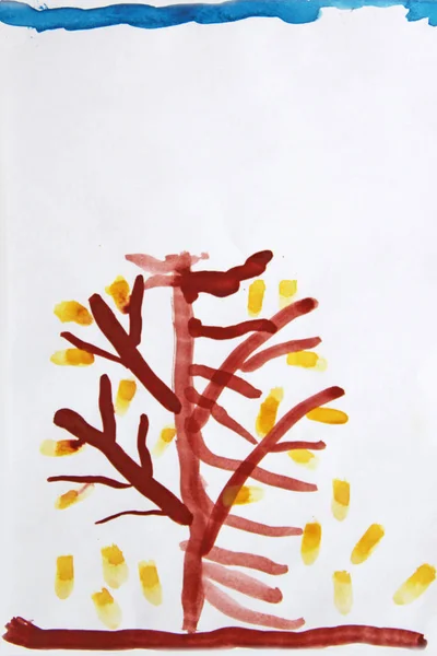 Painting watercolor tree with falling leaves in autumn. Nature drawn by child