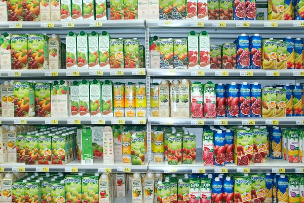 Kyiv Ukraine March 2019 Juices Supermarket Shelves Natural Juices Shelves — Stock Photo, Image
