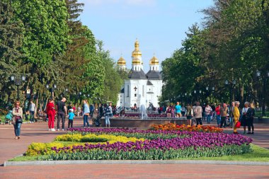 Chernihiv / Ukrayna - 10 Mayıs 2020 / Ukrayna: insanlar baharda renkli fıskiyeli şehir parkında dinlenirler. Şehir yolunda insanlar kilisenin yanında yürürler. Aydınlık bir günde, çiçek tarhında güzel bahar laleleri.