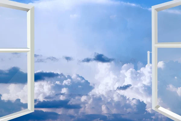 Janela Aberta Com Vista Para Céu Azul Bonito Com Nuvens — Fotografia de Stock