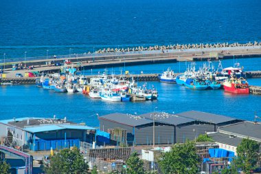 Wladyslawo / Polonya. 24 Haziran 2019: Birçok demirli tekne ve gemi ile şehir limanı. Gemiler ve tekneler limanda. Birçok tekne Baltık Denizi 'ndeki iskeleye demirlemiştir. Wladyslawowo limanına demirlemiş tekneler.