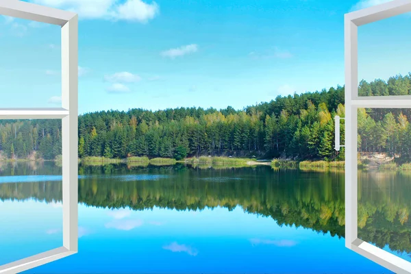 Geopend Raam Kamer Met Panoramisch Uitzicht Het Bos Meer Landschap — Stockfoto