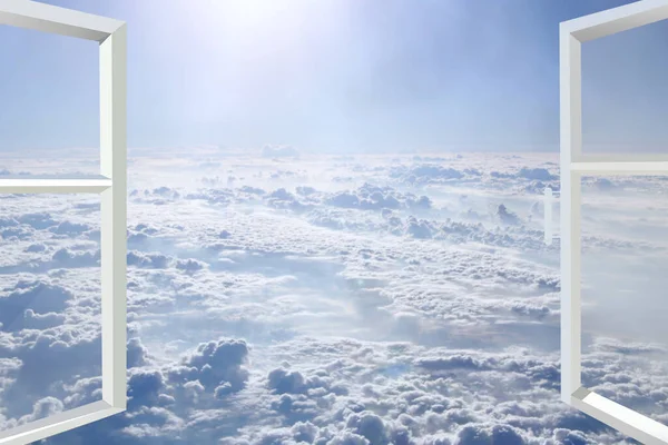 白い雲と青い空を見下ろす部屋の窓 空のパノラマとモダンなウィンドウ 窓から見える天空の風景 現代的なインテリアの詳細 部屋の窓デザイン — ストック写真
