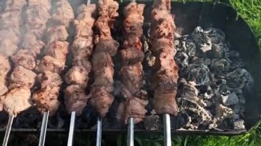 Yakın plan ateşte et parçaları pişirmek. Pişmiş domuz eti. Barbekü yemeği.
