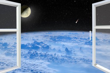 Dünya atmosferinin üstünde uzay manzaralı Ay ve kuyruklu yıldız olan bir oda penceresi. Pencereden kozmik manzaralı rahat bir oda. Pencereden dünya üzerindeki mavi gökyüzü