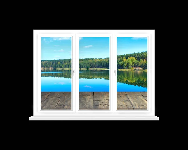 Fenêtre Dans Chambre Moderne Avec Vue Panoramique Sur Lac Forestier — Photo