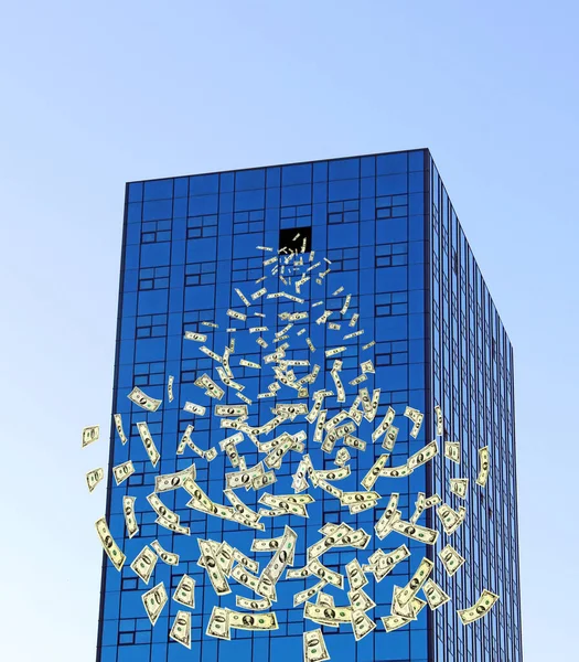 Pilha Dólares Voando Para Longe Janela Com Vista Para Lago — Fotografia de Stock