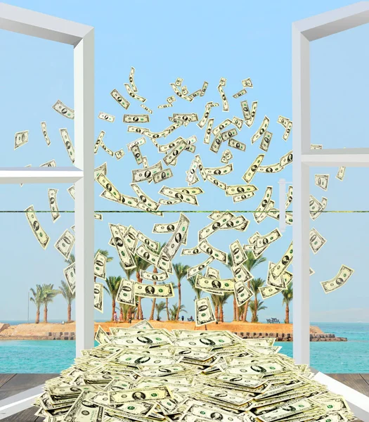 Heap Dollars Flying Away Window Overlooking Tropical Island Dollar Bills — Stock Photo, Image