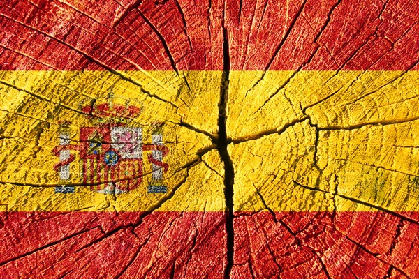 Hiszpańska Flaga Narodowa Wydrukowana Drewnianej Popękanej Powierzchni Flaga Narodowa Hiszpanii — Zdjęcie stockowe