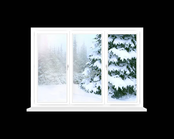Window Overlooking Winter Forest Panorama Snowy Trees Room Windows Window — Stock Photo, Image