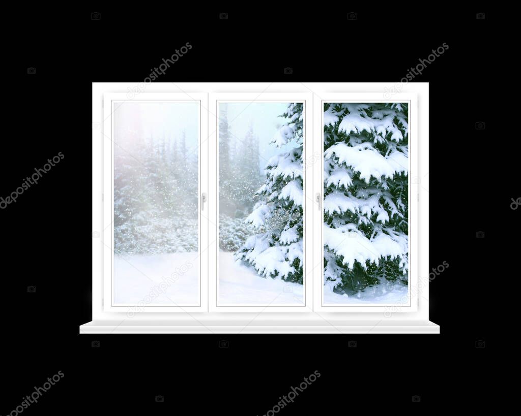 Window overlooking winter forest. Panorama to snowy trees from room windows. Window with view of New Year trees covered by snow. White window in dark room