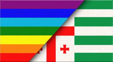 LGBT ve Abhazya bayrakları. Kumaş dokusunda LGBT ve Abhazya Ulusal bayrakları. Üç boyutlu illüstrasyon. Arka planda çift bayrak var. İki Bayrak Birlikte