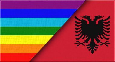 LGBT ve Arnavutluk bayrakları. Amerikan ve Arnavut bayrakları. Üç boyutlu illüstrasyon. Arka planda çift bayrak var. İki Bayrak Birlikte