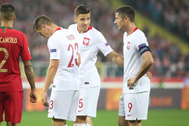 Chorzow, Polonya - 11 Ekim 2018: Uefa Milletler Ligi 2019: Polonya - Portekiz o/p Krzysztof PIATEK, Robert Lewandowski, Jan Bednarek