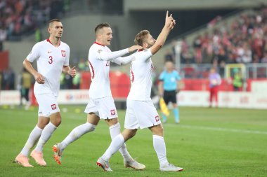 Chorzow, Polonya - 11 Ekim 2018: Uefa Milletler Ligi 2019: Polonya - Portekiz o/p Jakub Blaszczykowski, Piotr Zielinski, Artur Jedrzejczyk
