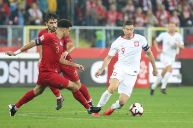 Chorzow, Polonya - 11 Ekim 2018: Uefa Milletler Ligi 2019: Polonya - Portekiz o/p Robert Lewandowski, Pepe