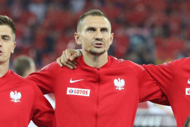 Chorzow, Polonya - 11 Ekim 2018: Uefa Milletler Ligi 2019: Polonya - Portekiz o/p Krzysztof PIATEK, Artur Jedrzejczyk, Jan Bednarek