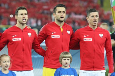 Chorzow, Polonya - 11 Ekim 2018: Uefa Milletler Ligi 2019: Polonya - Portekiz o/p Grzegorz Krychowiak, Lukasz Fabianski, Robert Lewandowski