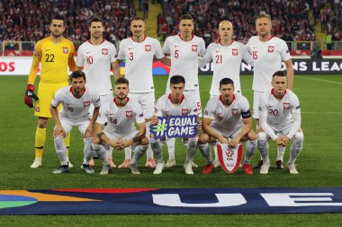 CHORZOW, POLAND - OCTOBER 11, 2018: UEFA Nations League 2019: Poland - Portugal o/p Lukasz Fabianski, Artur Jedrzejczyk, Jan Bednarek, Robert Lewandowski, Grzegorz Krychowiak, Mateusz Klich, Kamil Glik, Bartosz Bereszynski, Rafal Kurzawa, Piotr Zieli