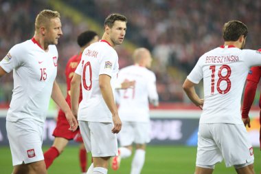 Chorzow, Polonya - 11 Ekim 2018: Uefa Milletler Ligi 2019: Polonya - Portekiz o/p Grzegorz Krychowiak