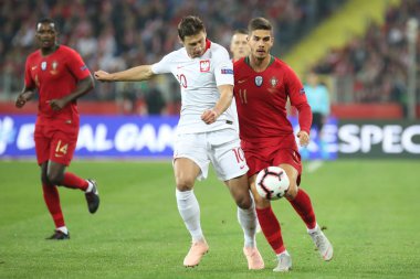 Chorzow, Polonya - 11 Ekim 2018: Uefa Milletler Ligi 2019: Polonya - Portekiz o/p Andre Silva, Grzegorz Krychowiak